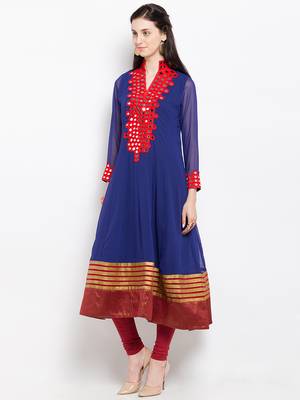 Blue embroidered georgette anarkali kurta churidar set 2