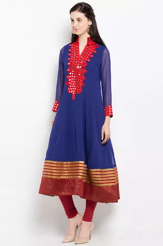 Blue embroidered georgette anarkali kurta churidar set