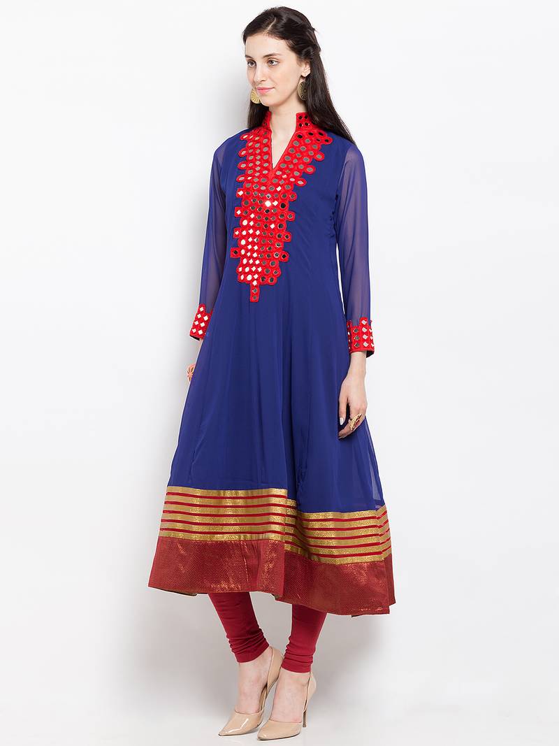 Blue embroidered georgette anarkali kurta churidar set