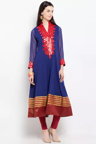 Blue embroidered georgette anarkali kurta churidar set