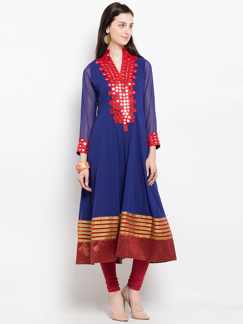 Blue embroidered georgette anarkali kurta churidar set