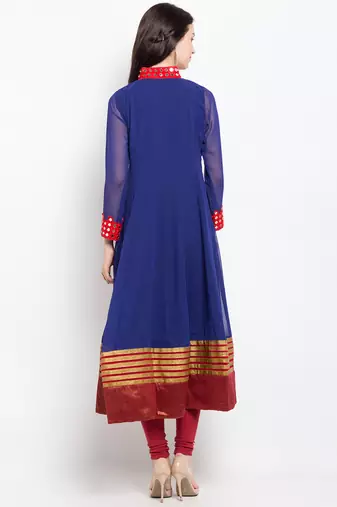 Blue embroidered georgette anarkali kurta churidar set