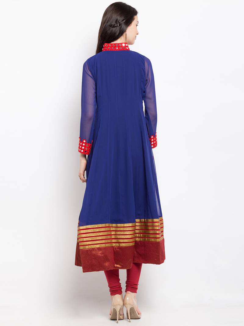 Blue embroidered georgette anarkali kurta churidar set