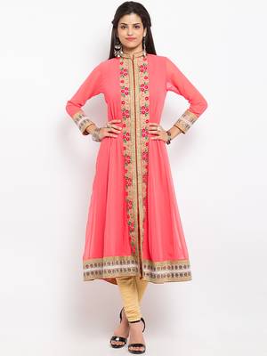 Peach embroidered georgette a line kurta churidar set 1