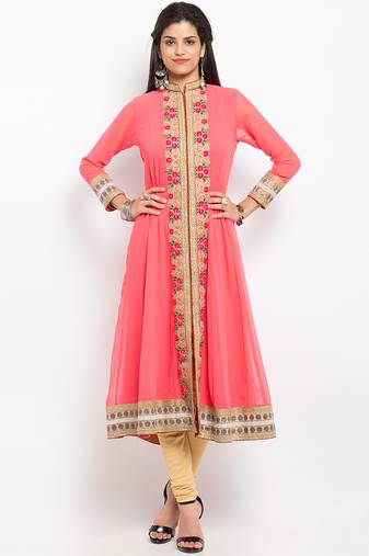 Peach embroidered georgette a line kurta churidar set