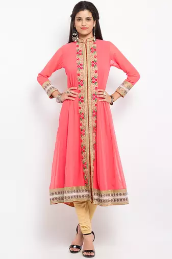 Peach embroidered georgette a line kurta churidar set