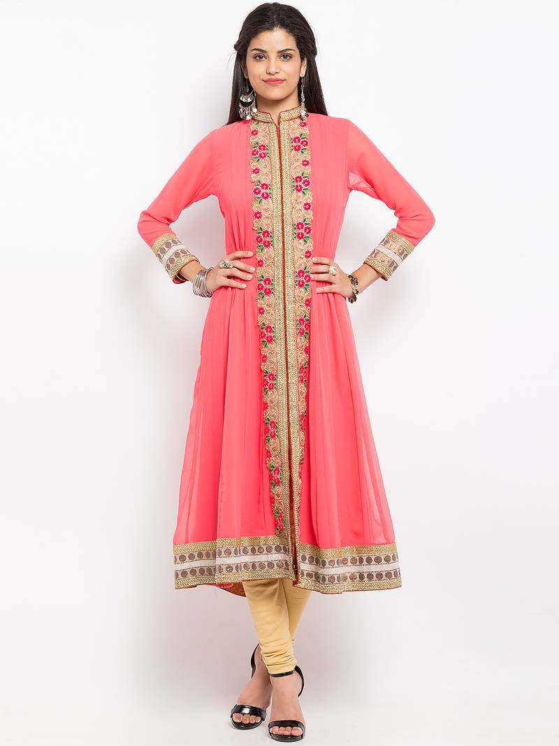 Peach embroidered georgette a line kurta churidar set