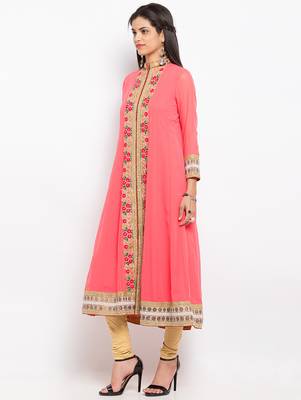 Peach embroidered georgette a line kurta churidar set 2