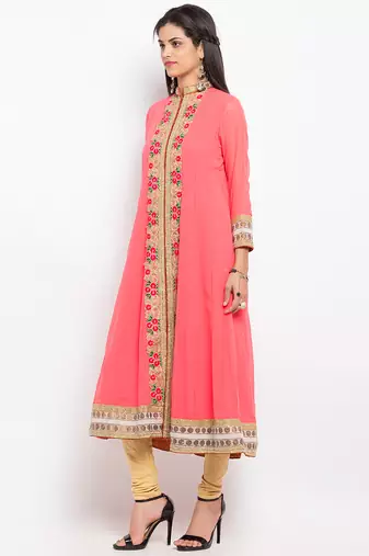 Peach embroidered georgette a line kurta churidar set