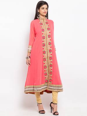 Peach embroidered georgette a line kurta churidar set 3