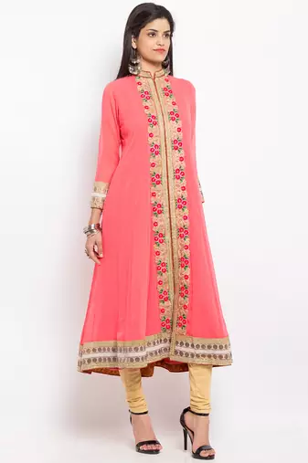 Peach embroidered georgette a line kurta churidar set