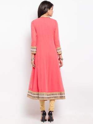 Peach embroidered georgette a line kurta churidar set 4