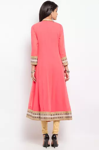 Peach embroidered georgette a line kurta churidar set