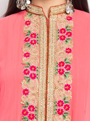 Peach embroidered georgette a line kurta churidar set 5