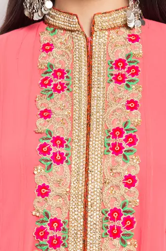 Peach embroidered georgette a line kurta churidar set