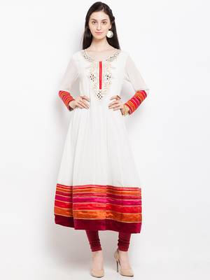 White embroidered georgette anarkali kurta churidar set 1