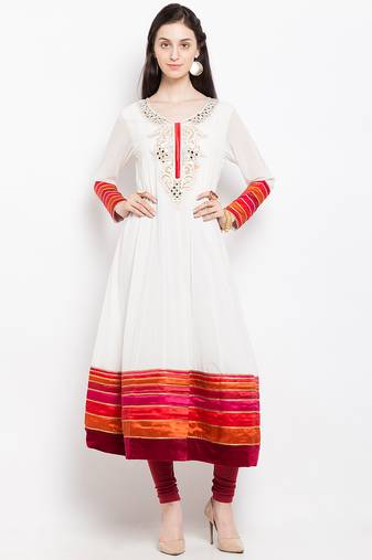 White embroidered georgette anarkali kurta churidar set