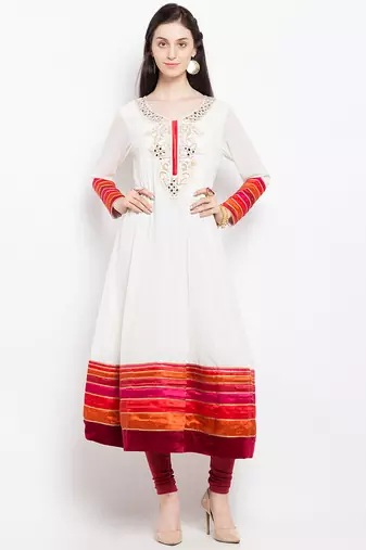 White embroidered georgette anarkali kurta churidar set