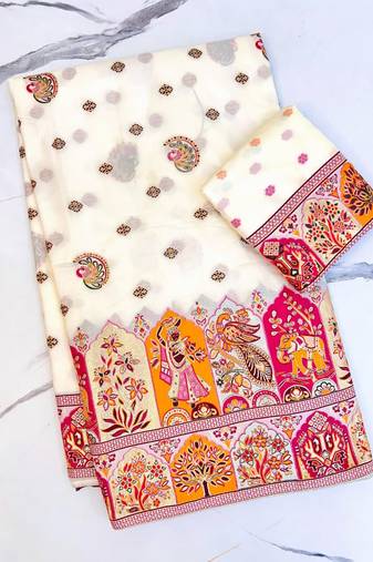 White Color Zari Weaving Work Pashmina Silk Blend Saree