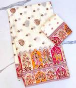 White Color Zari Weaving Work Pashmina Silk Blend Saree