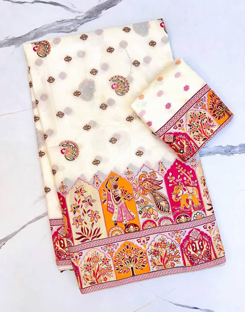 White Color Zari Weaving Work Pashmina Silk Blend Saree