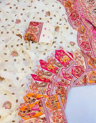 White Color Zari Weaving Work Pashmina Silk Blend Saree 2