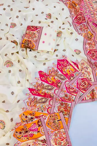 White Color Zari Weaving Work Pashmina Silk Blend Saree