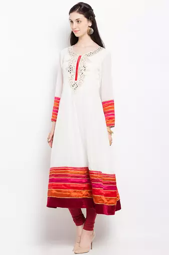 White embroidered georgette anarkali kurta churidar set