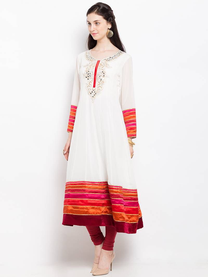 White embroidered georgette anarkali kurta churidar set