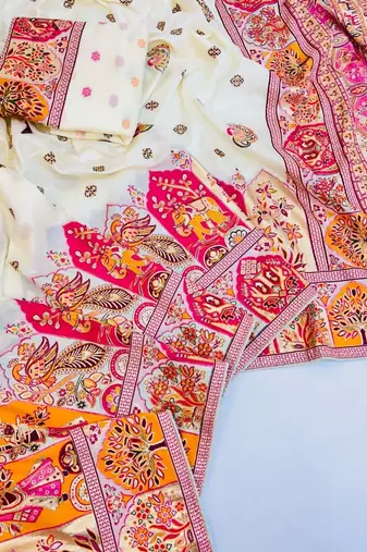 White Color Zari Weaving Work Pashmina Silk Blend Saree