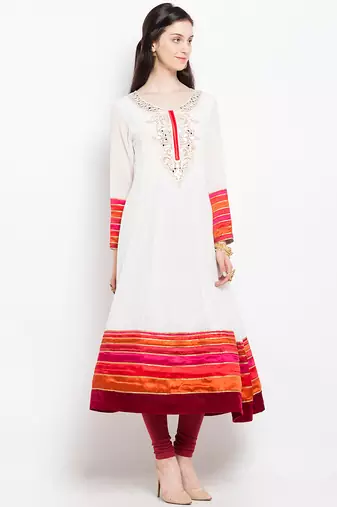 White embroidered georgette anarkali kurta churidar set