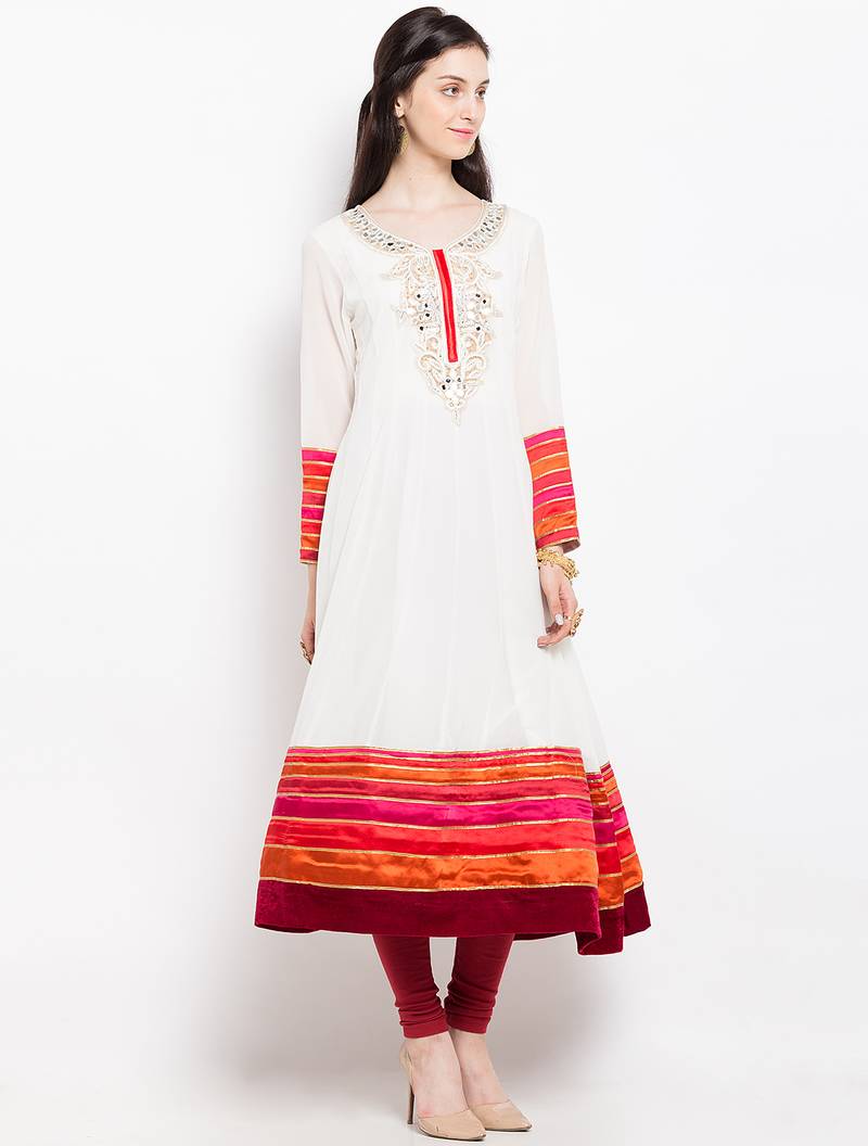 White embroidered georgette anarkali kurta churidar set