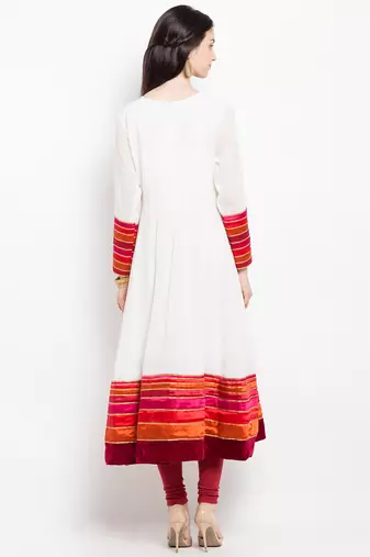 White embroidered georgette anarkali kurta churidar set