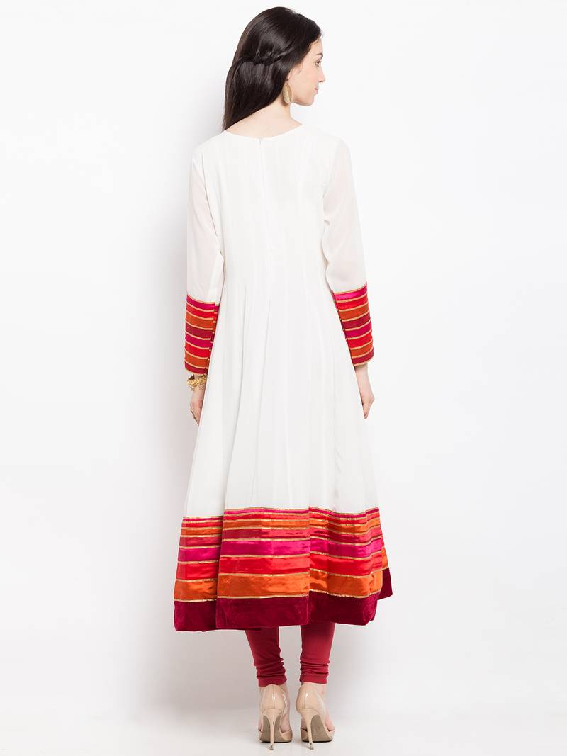 White embroidered georgette anarkali kurta churidar set