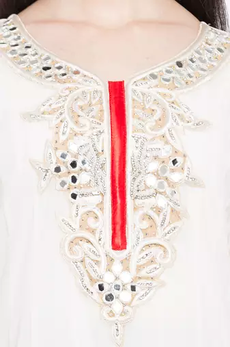 White embroidered georgette anarkali kurta churidar set