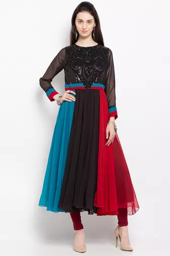 Multicolor embroidered georgette anarkali kurta churidar set