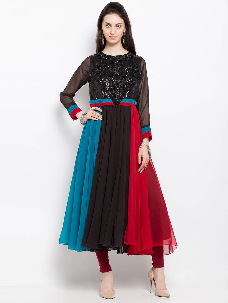 Multicolor embroidered georgette anarkali kurta churidar set