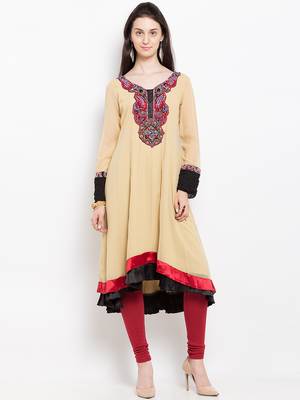 Beige embroidered georgette asymmetrical  kurta churidar set 1