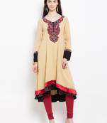 Beige embroidered georgette asymmetrical  kurta churidar set