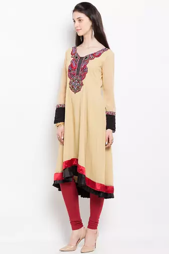 Beige embroidered georgette asymmetrical  kurta churidar set