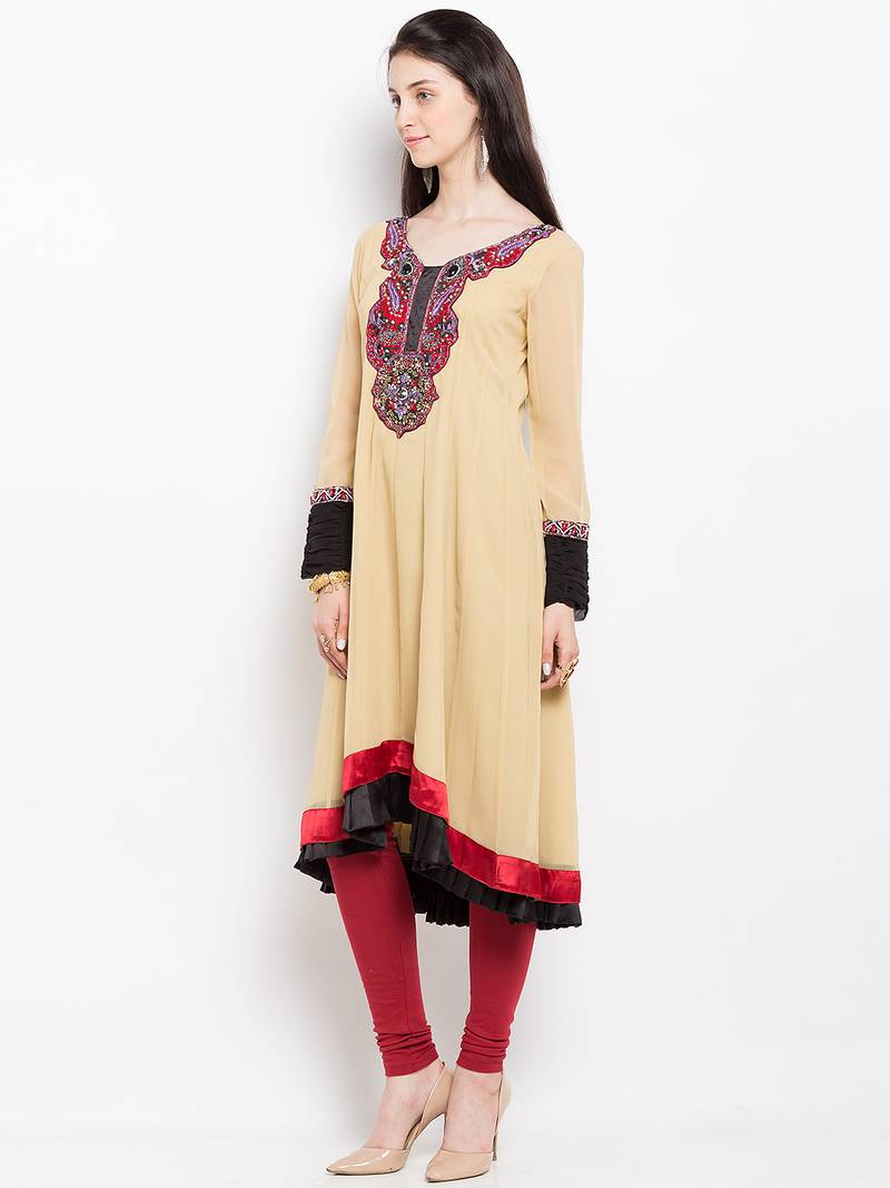 Beige embroidered georgette asymmetrical  kurta churidar set