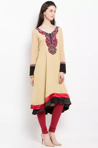 Beige embroidered georgette asymmetrical  kurta churidar set
