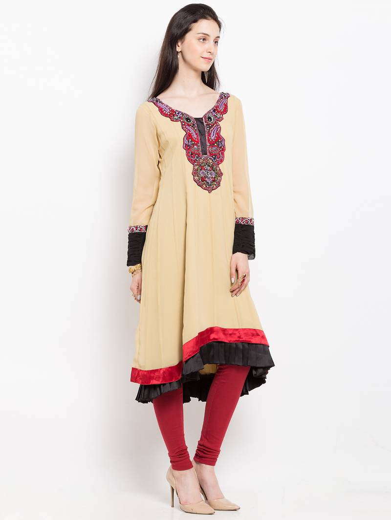 Beige embroidered georgette asymmetrical  kurta churidar set