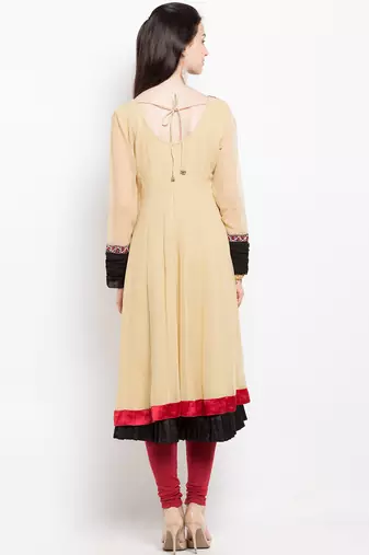 Beige embroidered georgette asymmetrical  kurta churidar set
