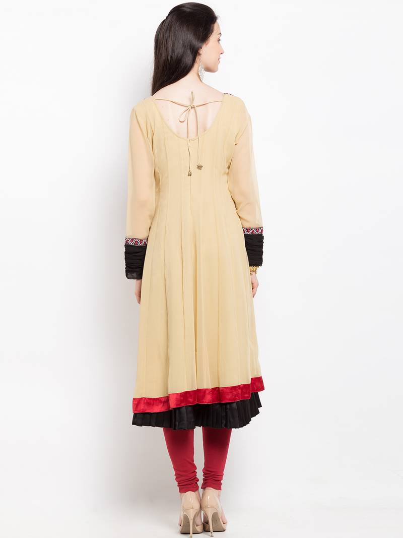 Beige embroidered georgette asymmetrical  kurta churidar set