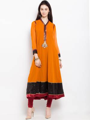 Mustard embroidered georgette a line kurta churidar set 1