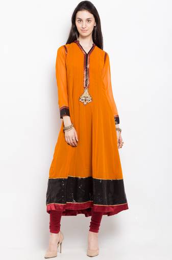 Mustard embroidered georgette a line kurta churidar set