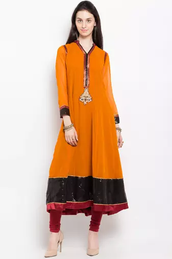 Mustard embroidered georgette a line kurta churidar set
