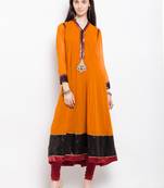 Mustard embroidered georgette a line kurta churidar set