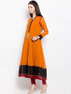 Mustard embroidered georgette a line kurta churidar set 2